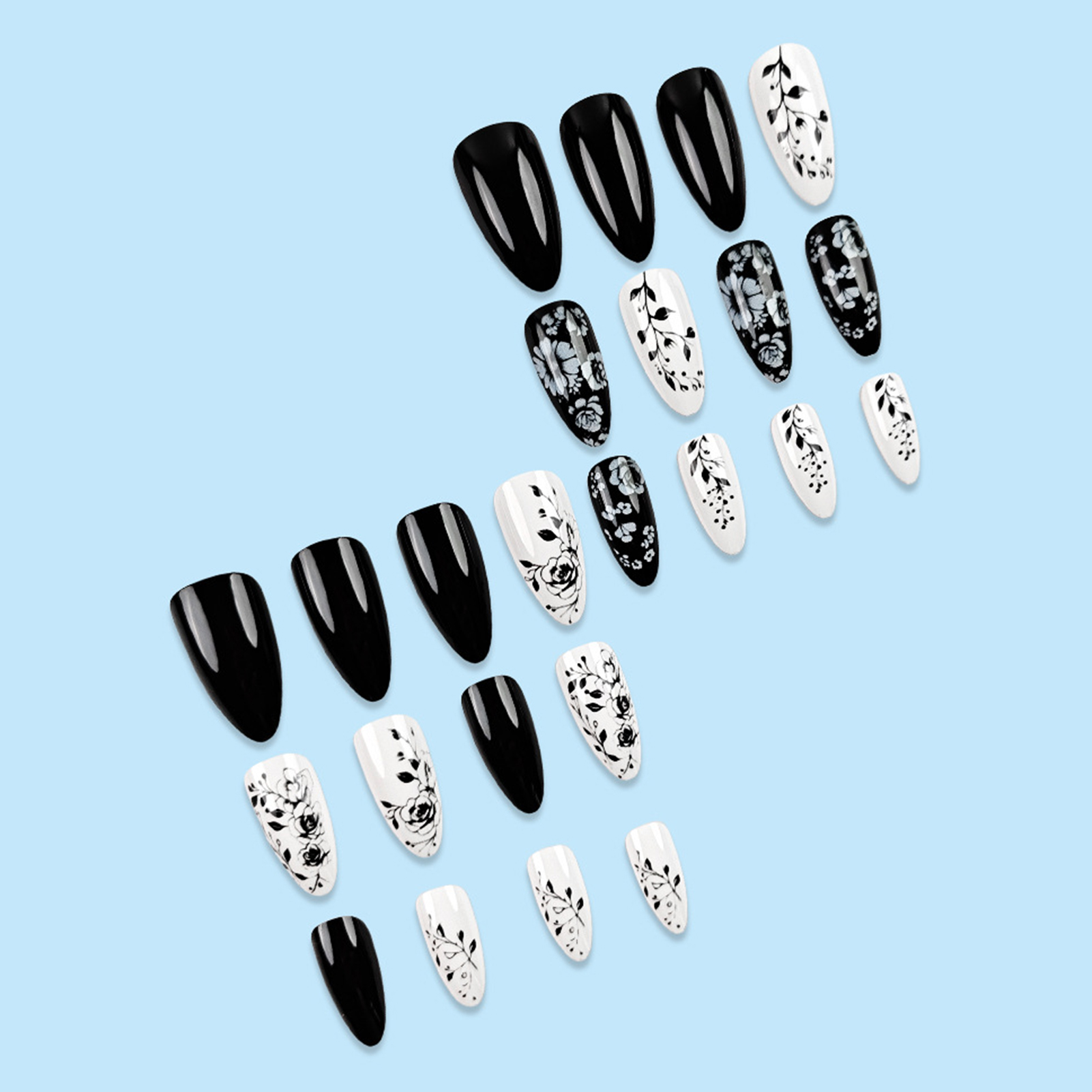 24Pcs Almond Fake Nails Black/ - Pressed Flower Art ulasan dan harga