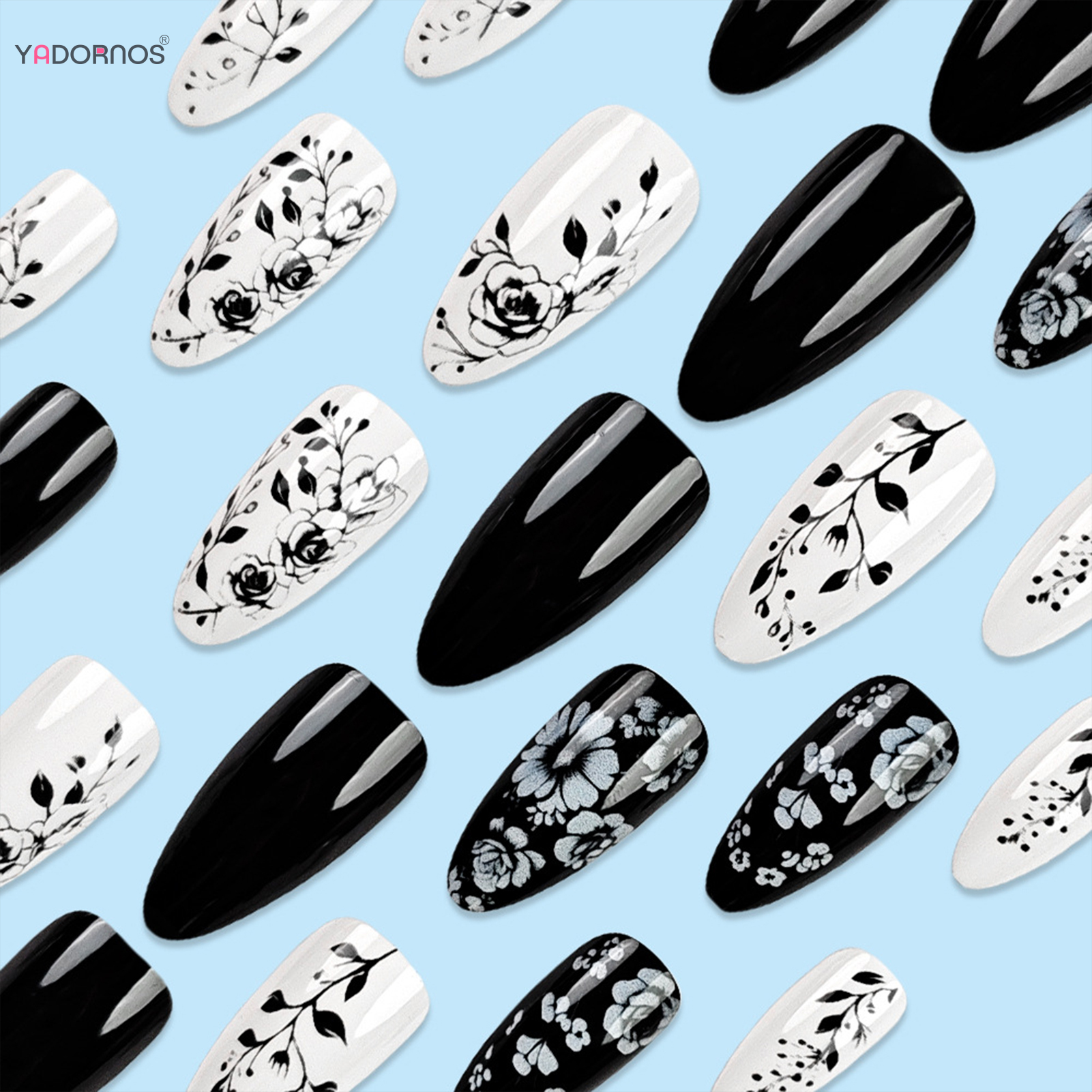 24Pcs Almond Fake Nails Black/ - Pressed Flower Art ulasan dan harga