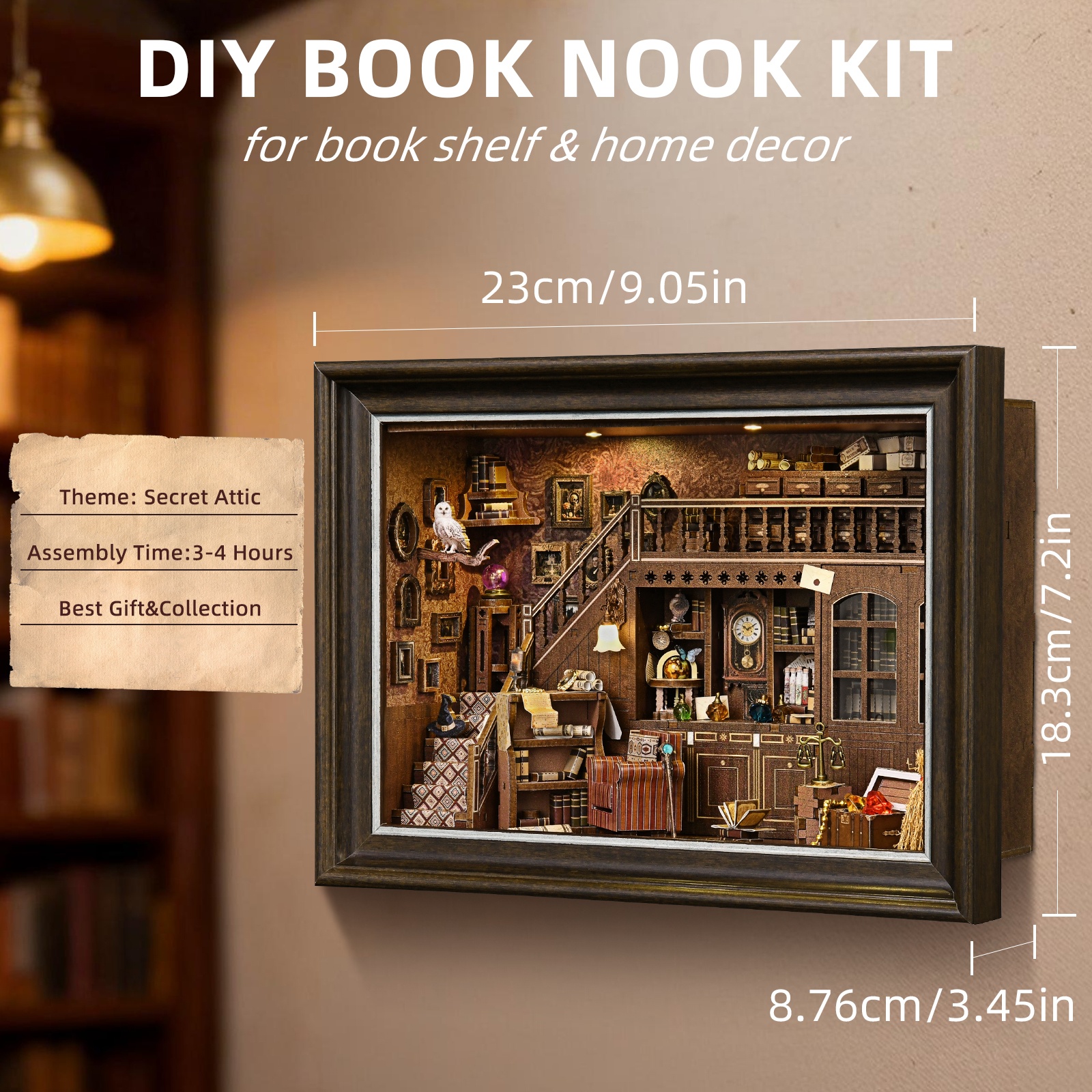 Book Nook Kit Secret Attic DIY - Engraved Wood Frame ulasan dan harga
