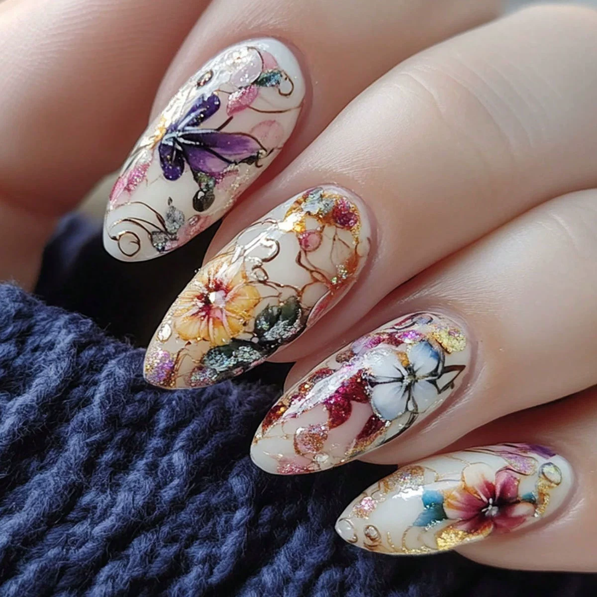 24Pcs Simple Almond Nails Tips - Pressed Flower Art ulasan dan harga