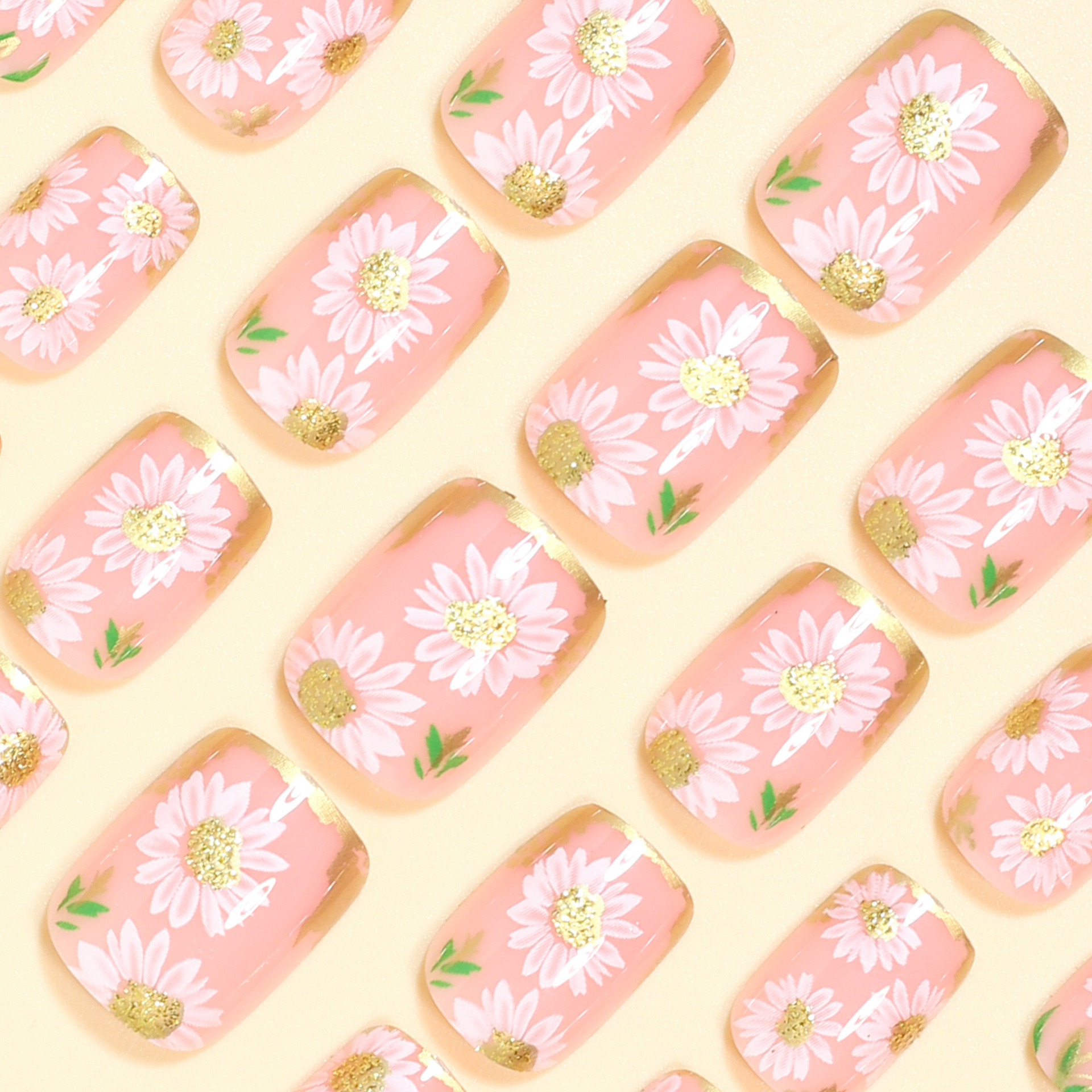 Short Square fake nails golden - Pressed Flower Art ulasan dan harga