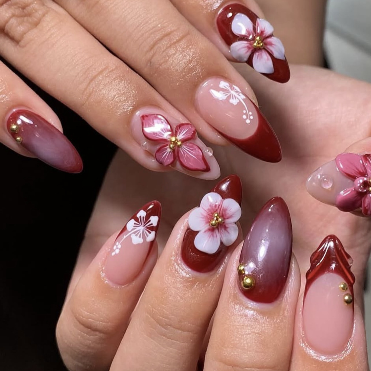 24pcs Red French Press on Nail - Pressed Flower Art ulasan dan harga