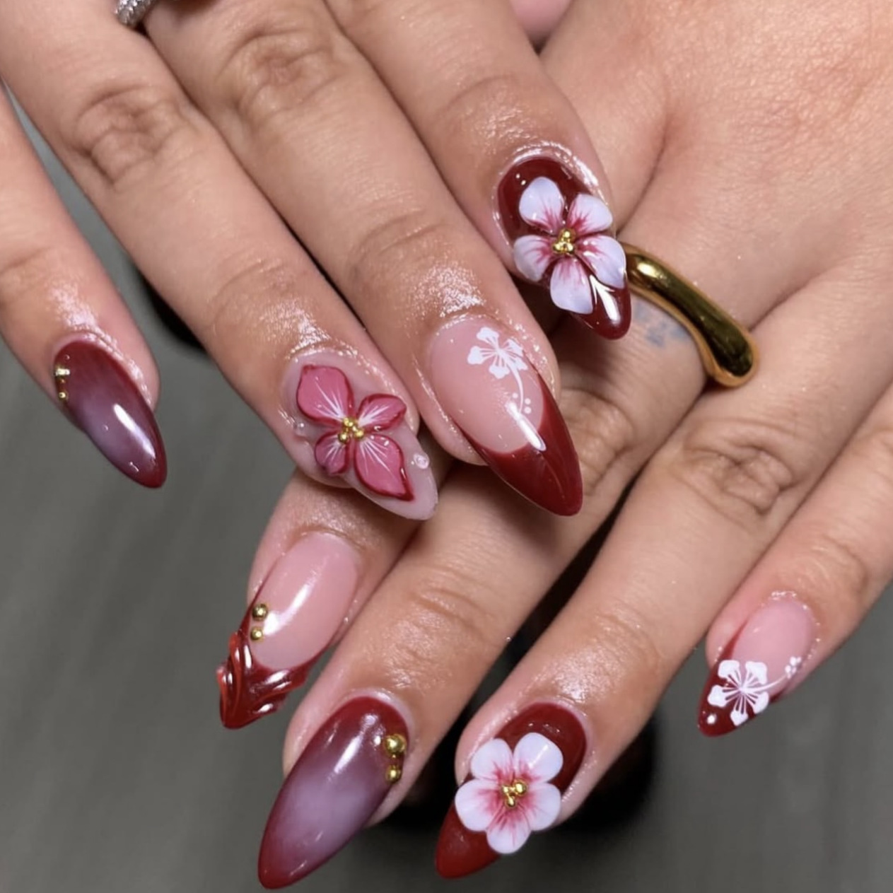 24pcs Red French Press on Nail - Pressed Flower Art ulasan dan harga
