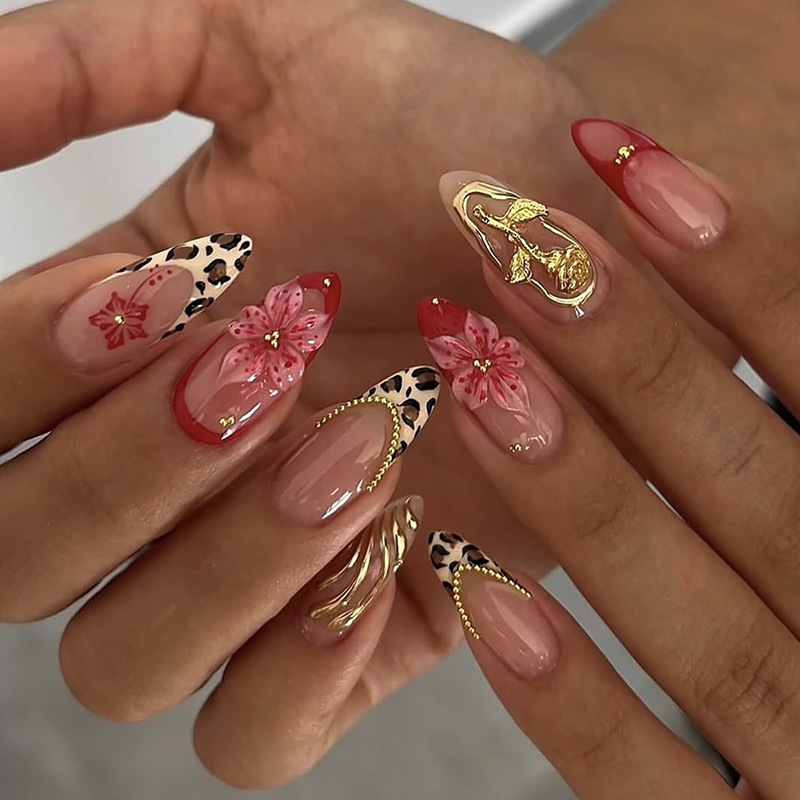 24pcs Red French Press on Nail - Pressed Flower Art ulasan dan harga